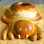 Halloween Spider Bread on a wooden chopping