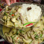 Thai beef curry with aubergine and onions served with jasmine sticky rice, red and green chillies on a silver leaf shaped plate