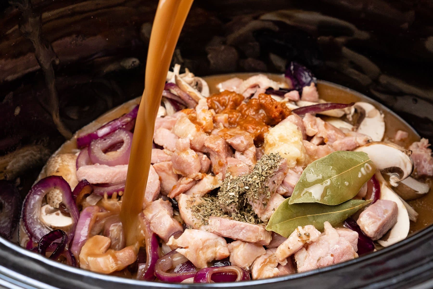 slow-cooker-sausage-casserole-with-onion-and-mushrooms