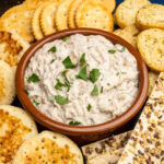 Smoked Mackerel Pate Recipe served with Ritz cheese crackers, crostini, blinis and Ryvita thins