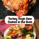 Pictures of turkey thigh on a black chopping board and Pouring gravy over a turkey roast dinner which consists of turkey thigh, cauliflower, broccoli, Brussels stuffing balls, Yorkshire puddings and roast potatoes