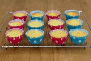 Twelve fairy cakes cooling off on a wire rack