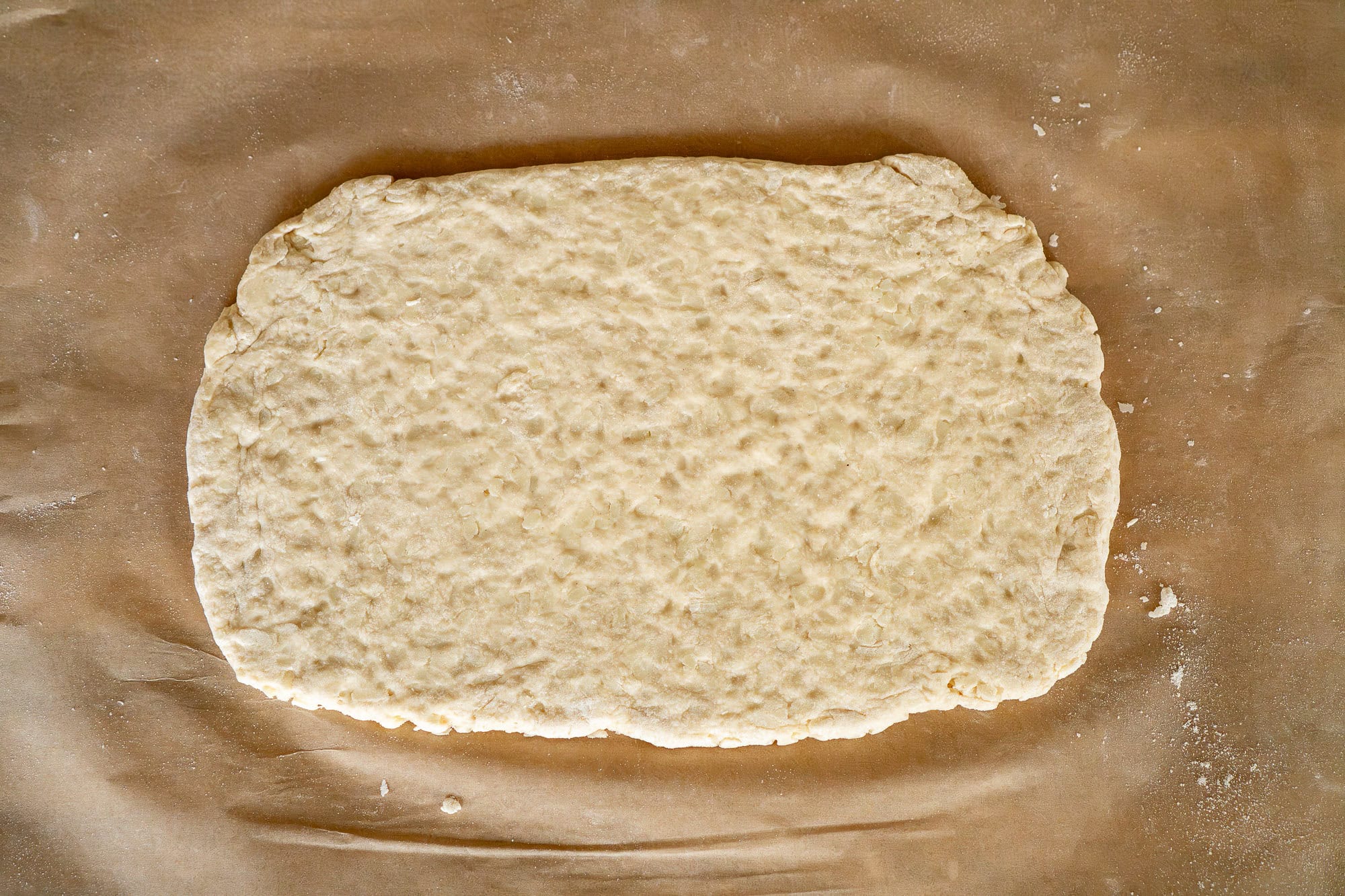 suet dough rolled out flat on a sheet of parchment paper