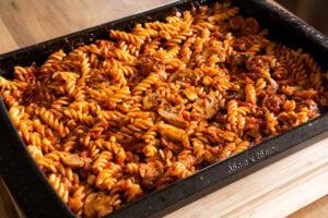 Sausage Pasta Bake in a oven tray