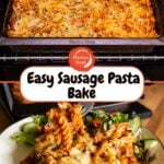 Cheesy Sausage Pasta Bake coming out of the oven and