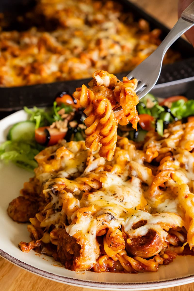 Sausage Pasta Bake on a fork