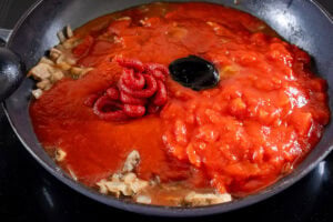 Chopped tomatoes, tomato puree and beef stock added to the tomato sauce