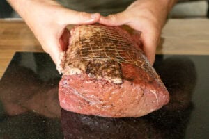 Top rump beef rubbed with oxo and oil