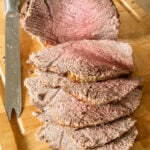 Medium cooked roast top rump beef carved slices