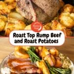 Roast beef Joint cooked with roast potatoes before the beef is removed to rest. Slices of top rump beef served with beef dripping roast potatoes, diddly squat farm beer mustard, horseradish, cubed beetroot, honey roast parsnips, broccoli, stuffing, green beans and Yorkshire pudding coated in beef gravy