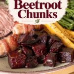 Pin image of our roasted beetroot served with a roast beef dinner