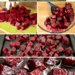 Oven roasted beetroot chunks on cutting board and tray.